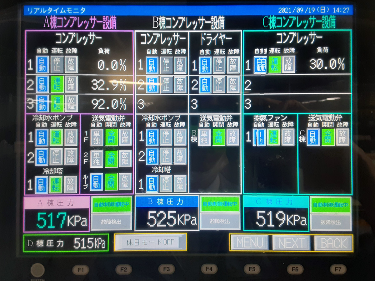 コンプレッサー(圧縮機器)台数制御盤モニタ画面